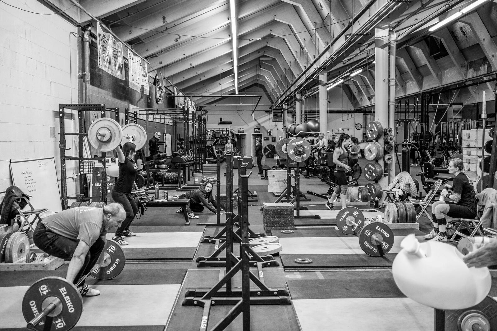 Weightlifting platforms inside the Beantown Barbell training facility